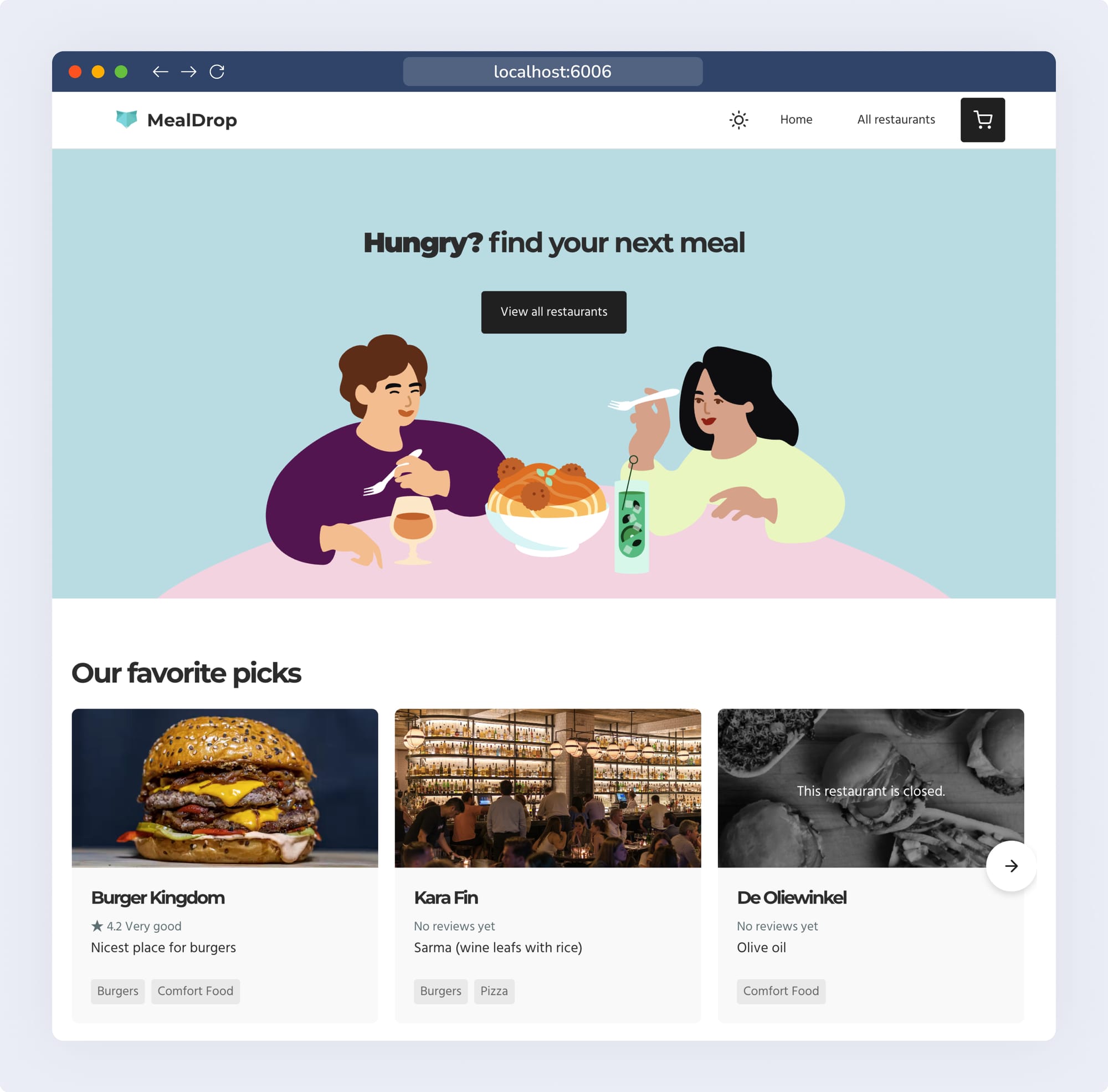 Screenshot of the MealDrop app homepage, showing three restaurant cards, the first of which is called Burger Kingdom