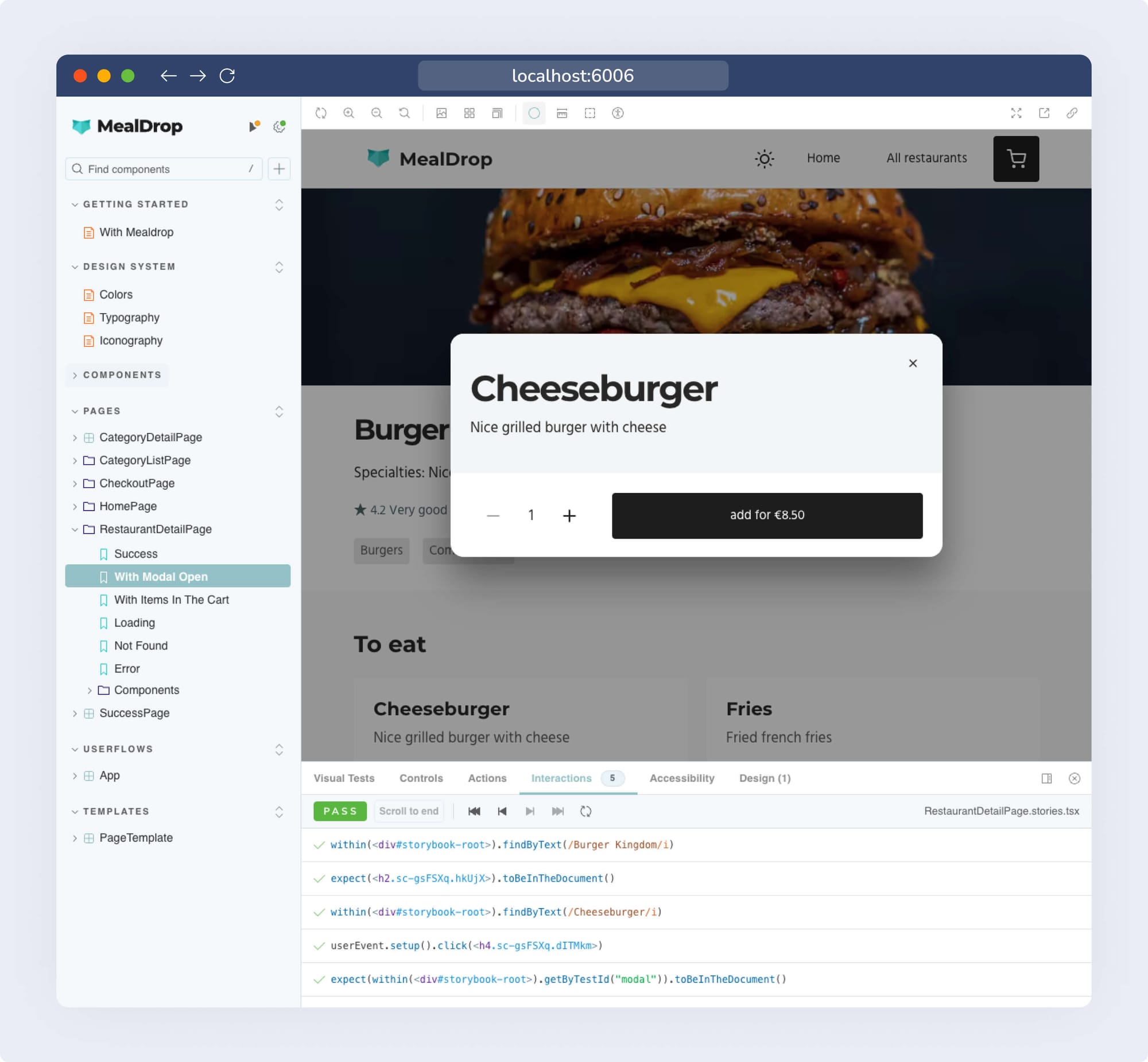 Screenshot of With Modal Open story of the RestaurantDetailPage in Storybook, you can see the scripted interactions in a list, each with a green checkmark