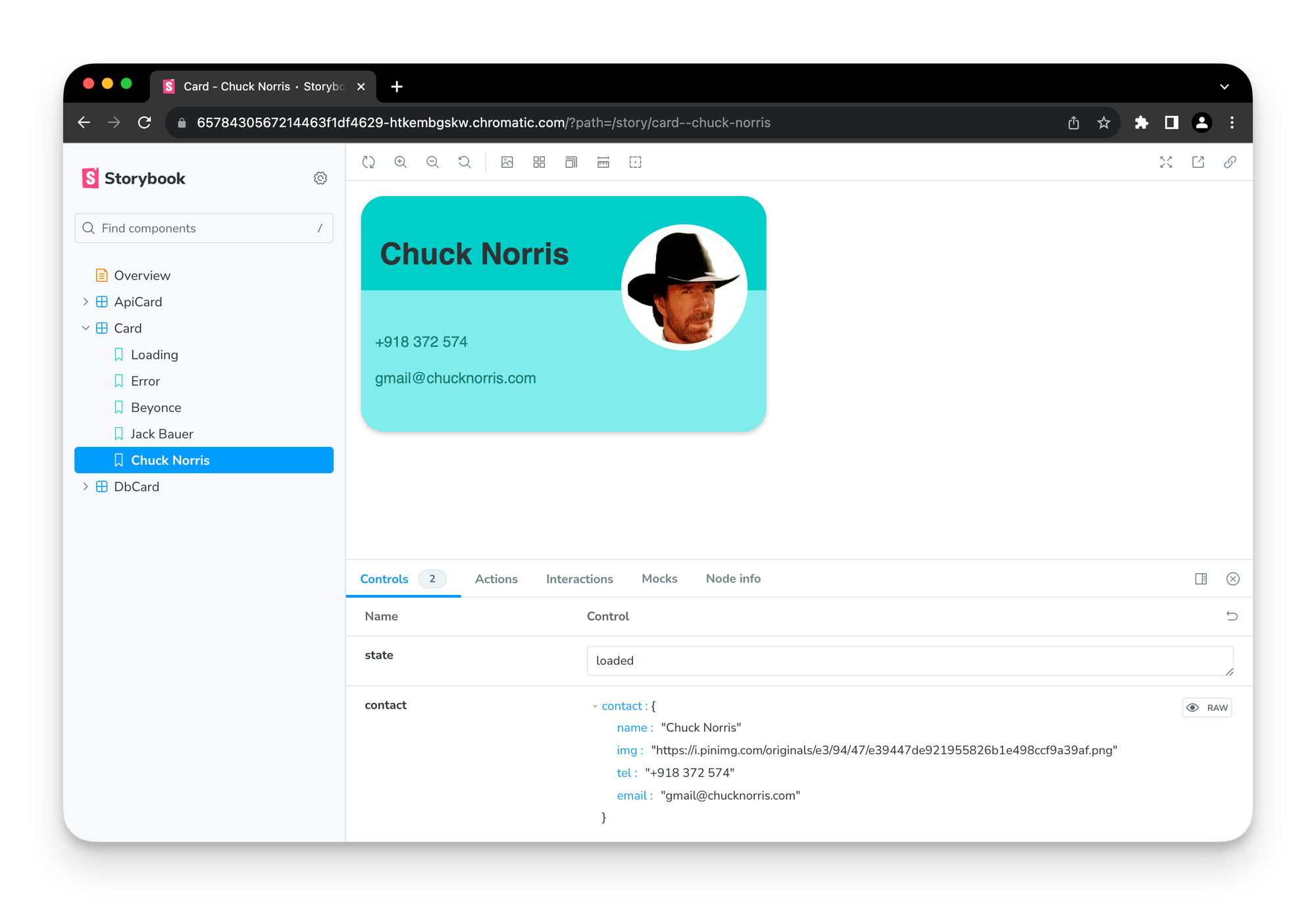 A contact card for Chuck Norris (with the email address gmail@chucknorris.com), demonstrated within Storybook