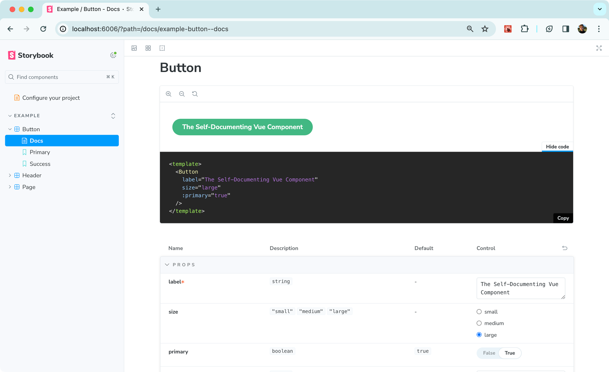 A Storybook page showing a Vue component with controls