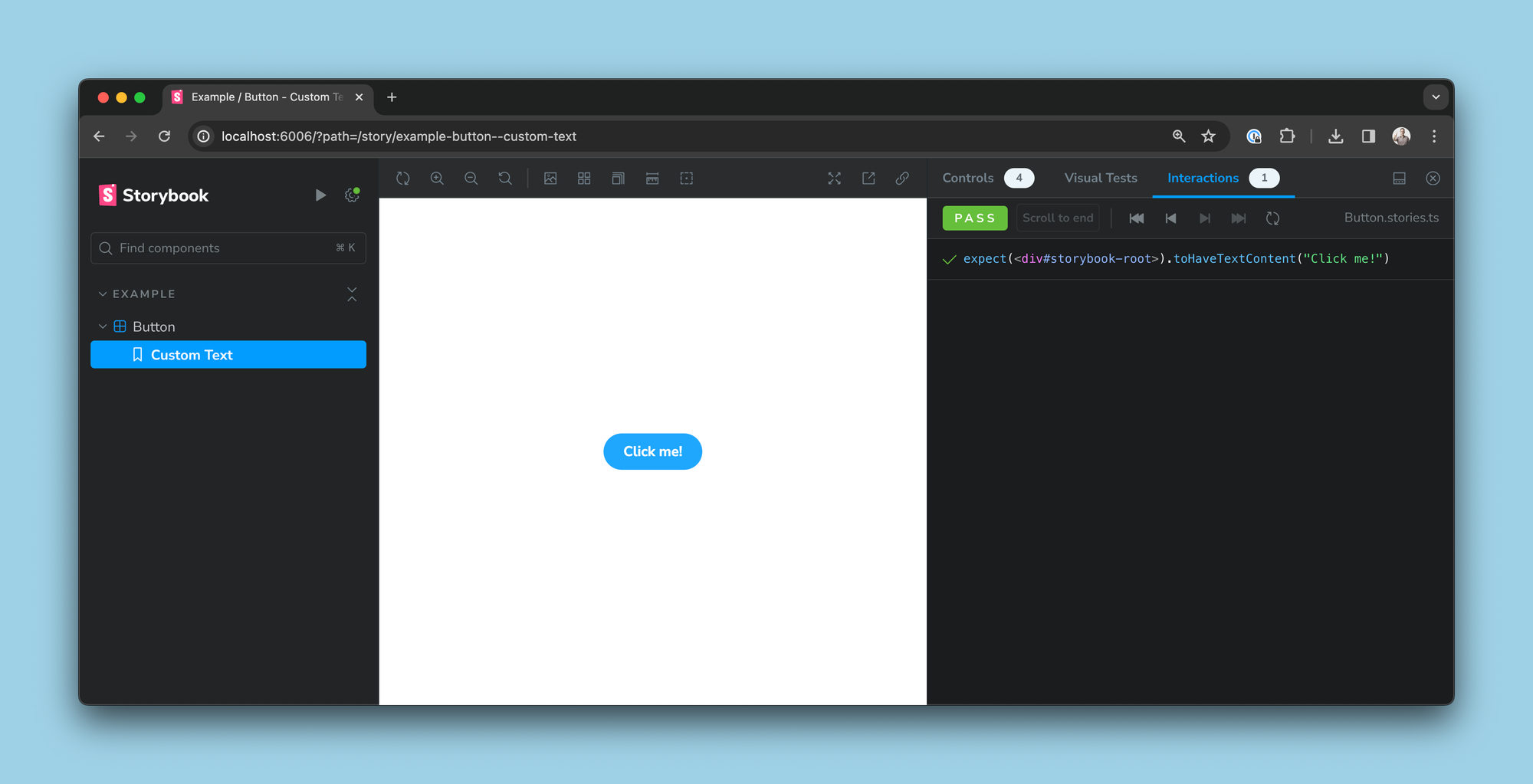 Screenshot of Storybook, showing the example Button component story and its passing test