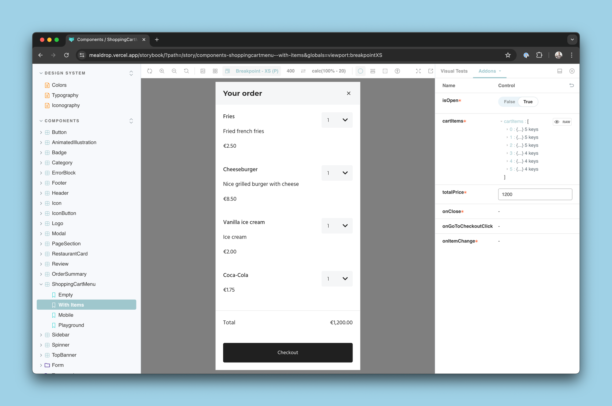 Screenshot of Storybook showing the ShoppingCartMenu component's "With Items" story