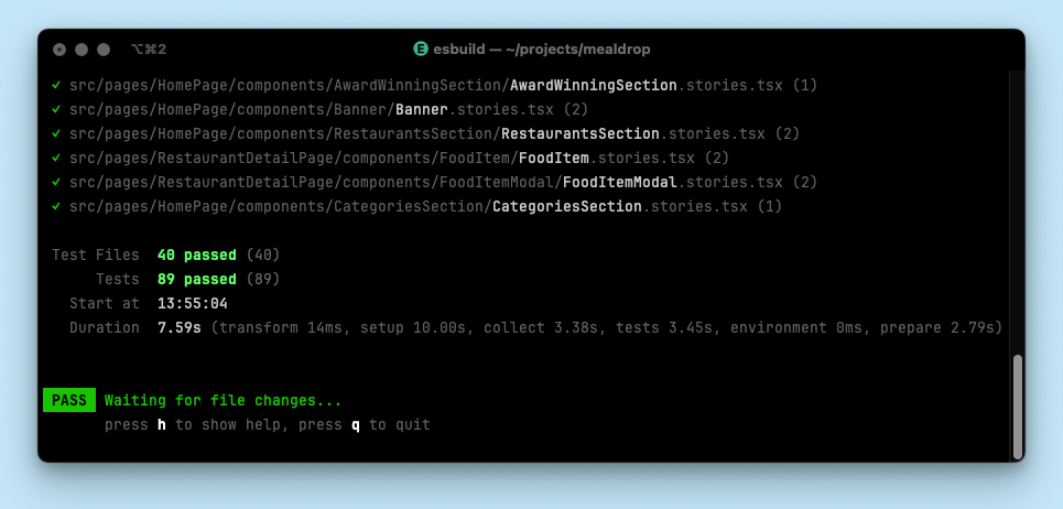 CLI output showing a partial list of story files tested, then a summary table listed 40 passed test files, 89 passed tests, and a duration of 7.59 seconds.