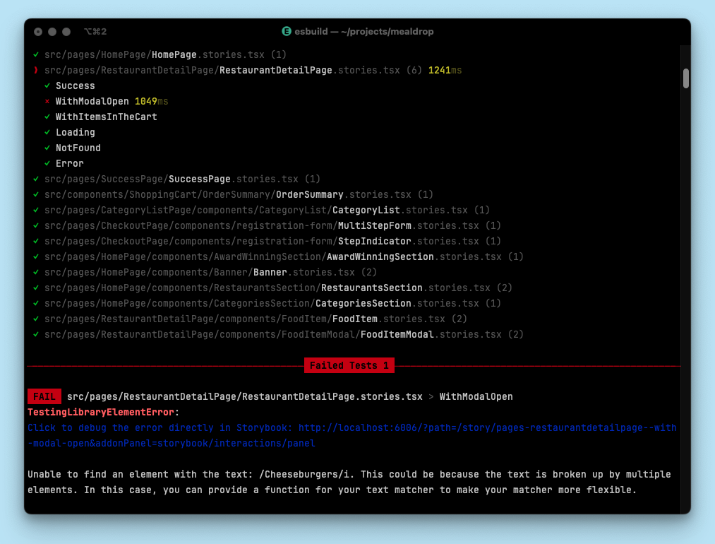 Screenshot of test failure in the console, showing a failure with a link to the story