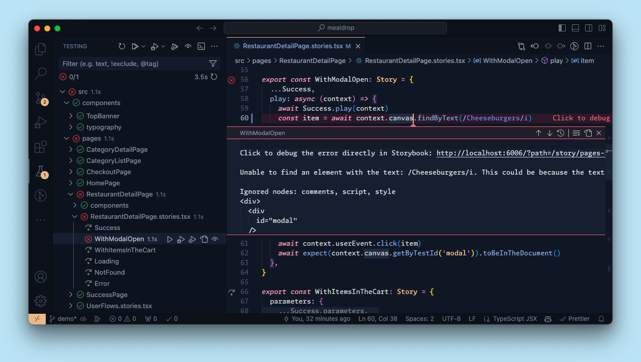 Screenshot of test failure in VSCode, showing a failure attached to a story